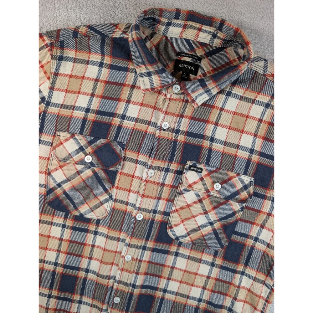 Brixton Bowery Flannel Shirt Mens Large Plaid Long Sleeve Navy Red BU1387